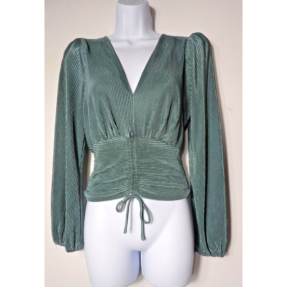 Astr Tops - ASTR The Label Blouse XS Smocked Crop Career Accordian Pleated Green Slate V